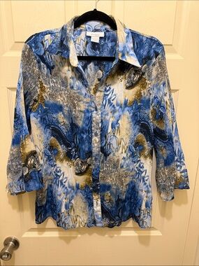 Dress Barn Blue, White and Gold Paisley Button-Down Blouse